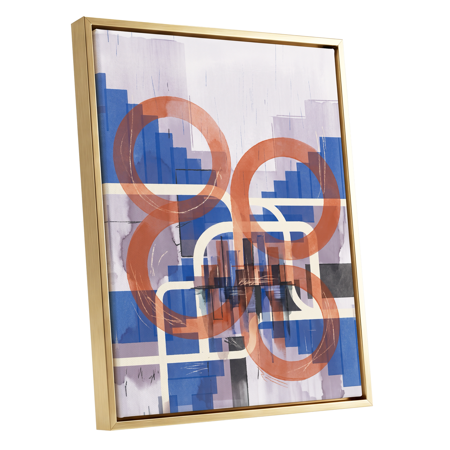 Circles in Transit, blue, orange, beige abstract wall art shown as a gold framed canvas wall art