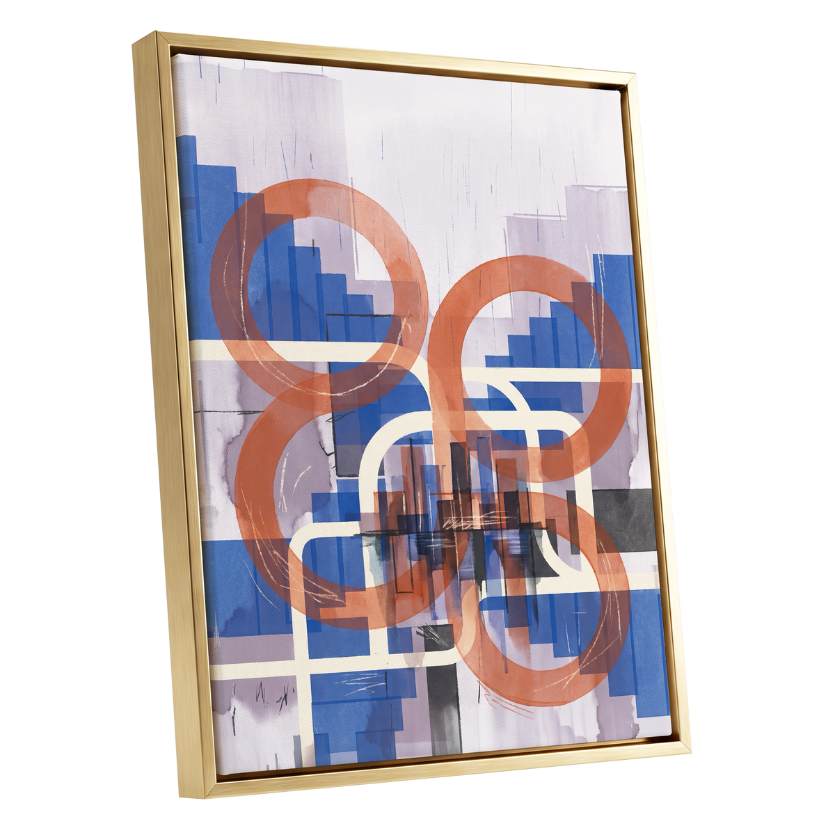 Circles in Transit, blue, orange, beige abstract wall art shown as a gold framed canvas wall art