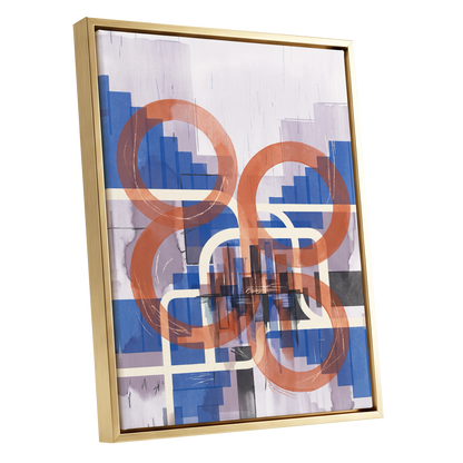 Circles in Transit, blue, orange, beige abstract wall art shown as a gold framed canvas wall art