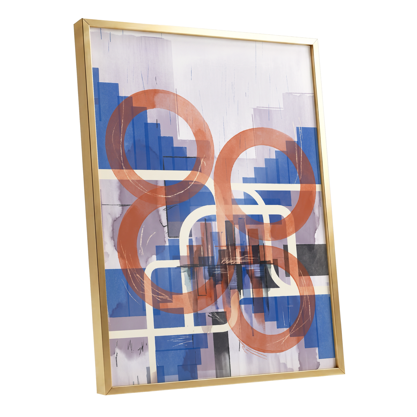 Circles in Transit, blue, orange, beige abstract wall art shown as a gold framed poster wall art print