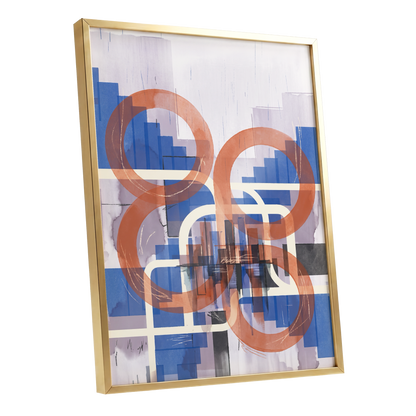 Circles in Transit, blue, orange, beige abstract wall art shown as a gold framed poster wall art print