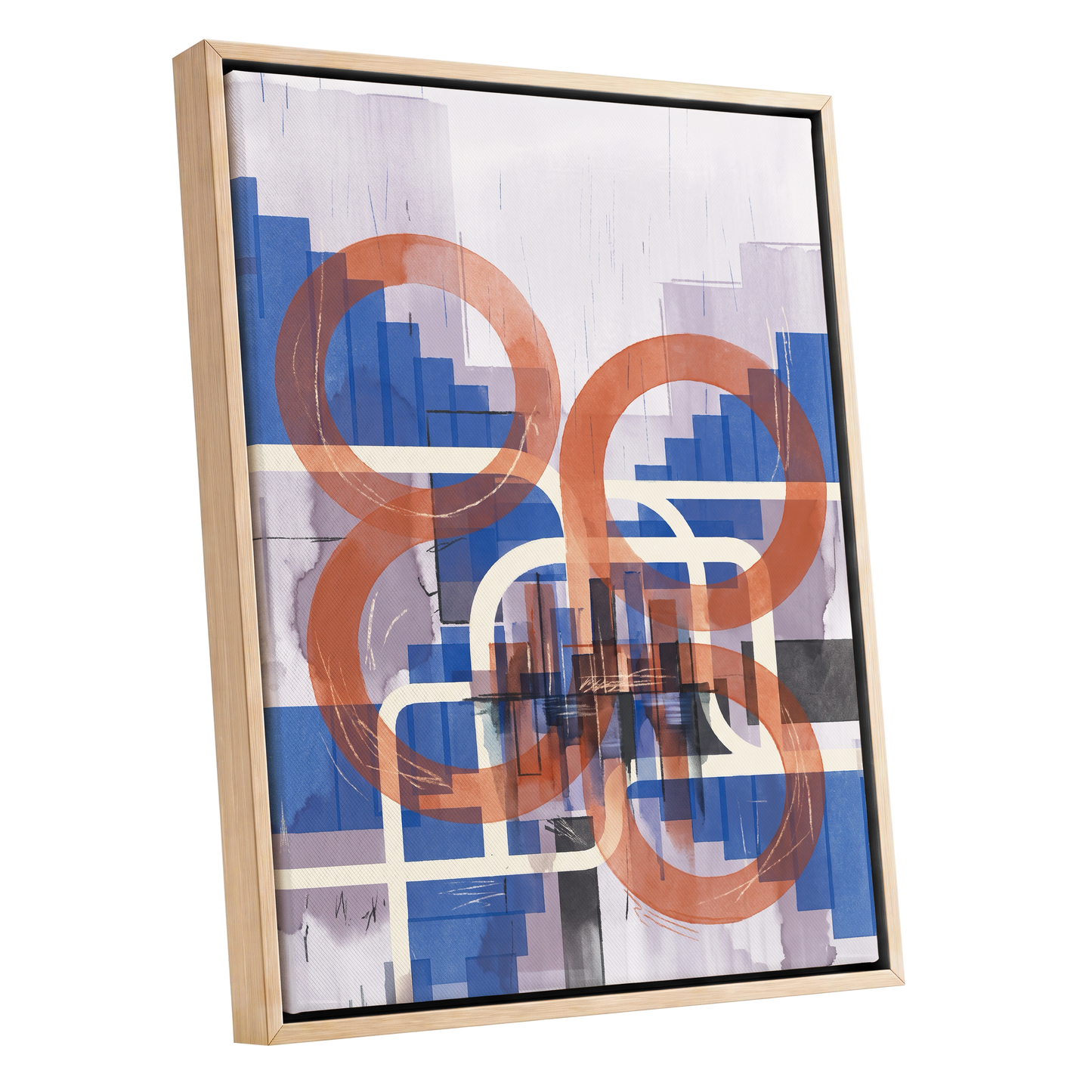 Circles in Transit, blue, orange, beige abstract wall art shown as a oak framed canvas wall art