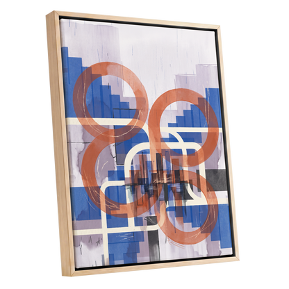 Circles in Transit, blue, orange, beige abstract wall art shown as a oak framed canvas wall art