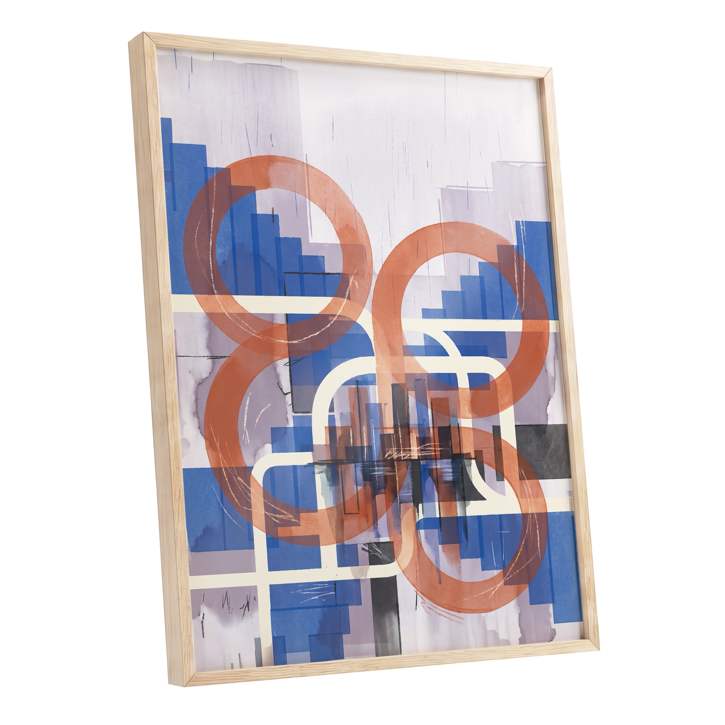 Circles in Transit, blue, orange, beige abstract wall art shown as a oak framed poster wall art print