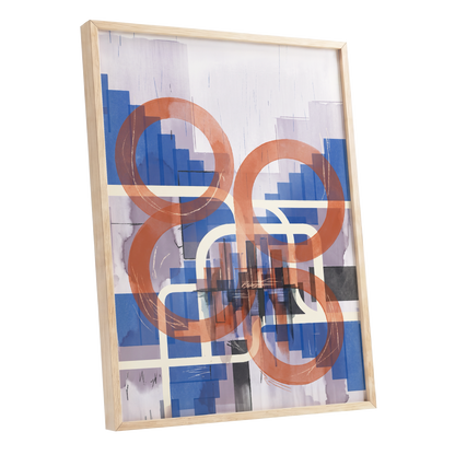 Circles in Transit, blue, orange, beige abstract wall art shown as a oak framed poster wall art print