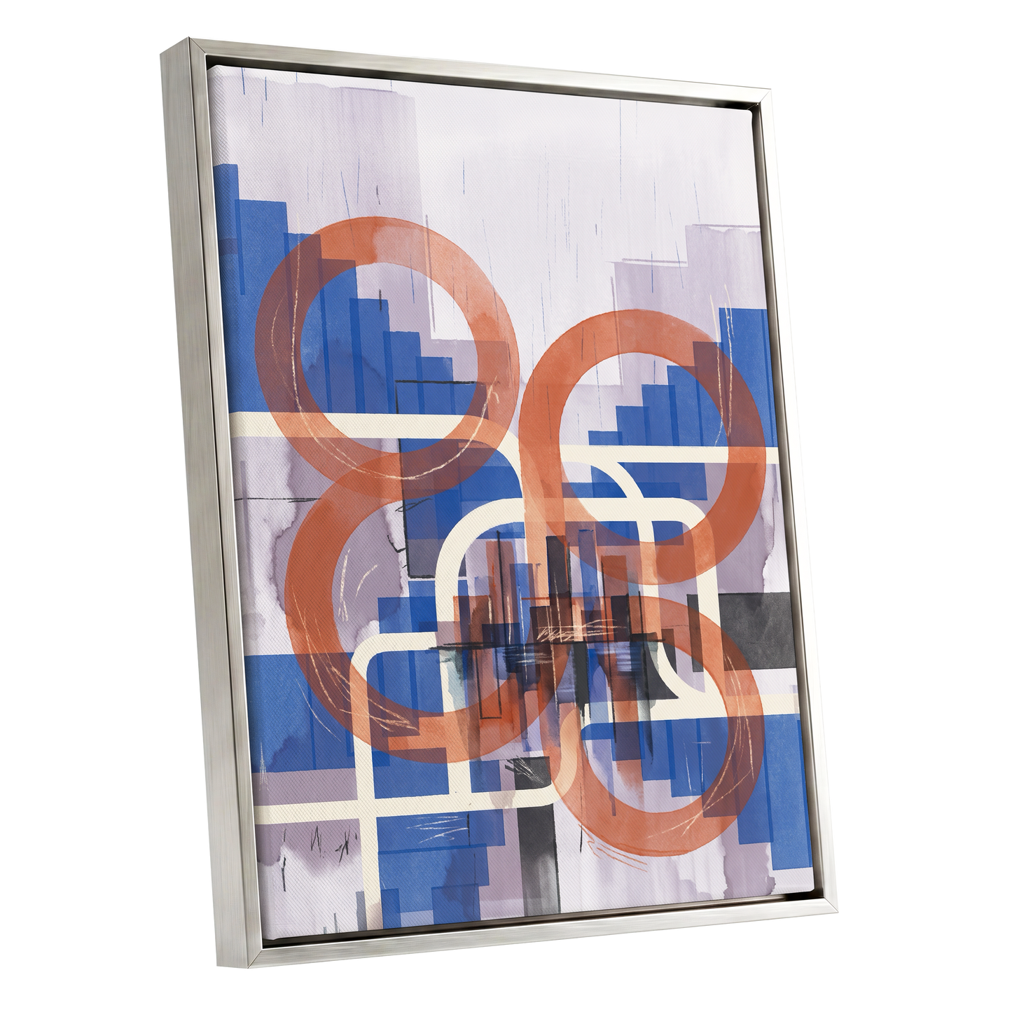 Circles in Transit, blue, orange, beige abstract wall art shown as a silver framed canvas wall art