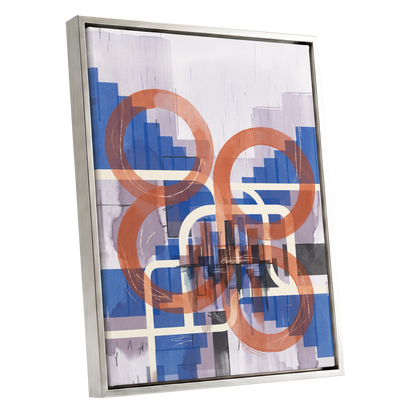 Circles in Transit, blue, orange, beige abstract wall art shown as a silver framed canvas wall art