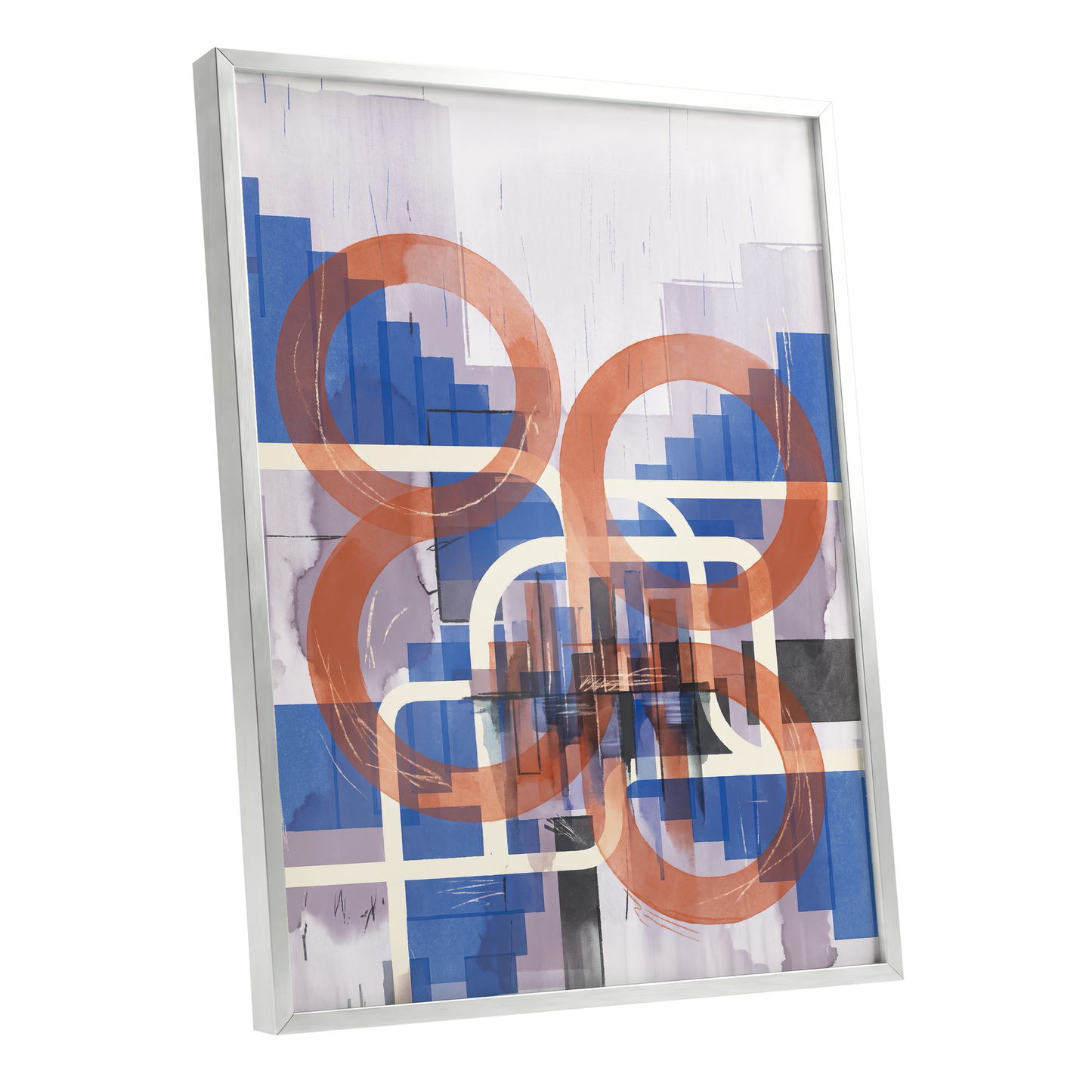 Circles in Transit, blue, orange, beige abstract wall art shown as a silver framed poster wall art print