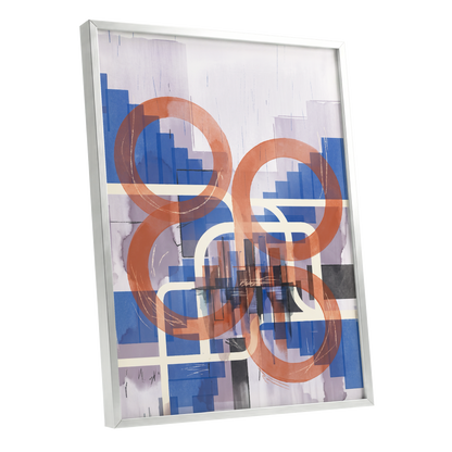 Circles in Transit, blue, orange, beige abstract wall art shown as a silver framed poster wall art print