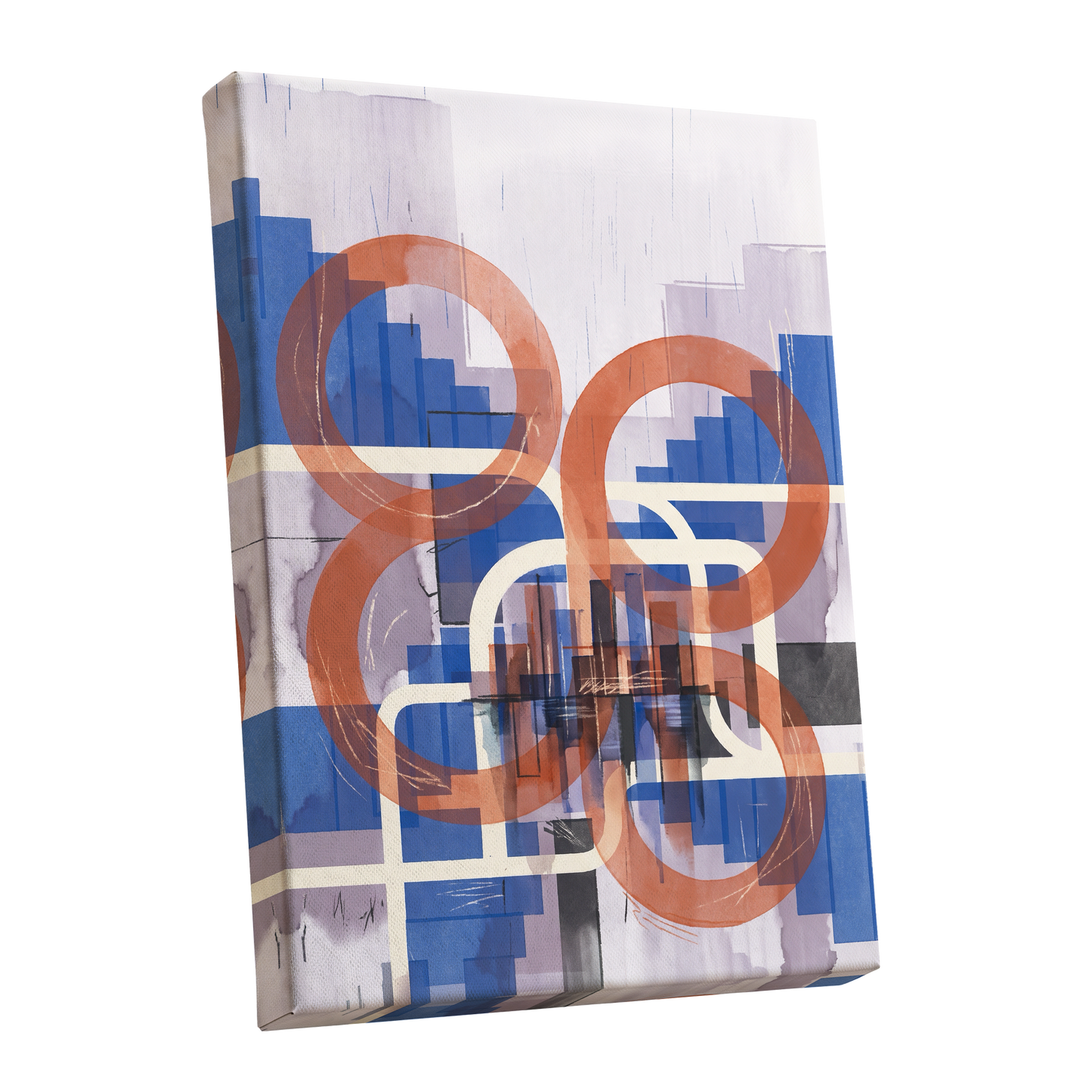 Circles in Transit, blue, orange, beige abstract wall art shown as a stretched canvas wall art