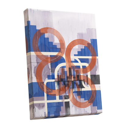 Circles in Transit, blue, orange, beige abstract wall art shown as a stretched canvas wall art
