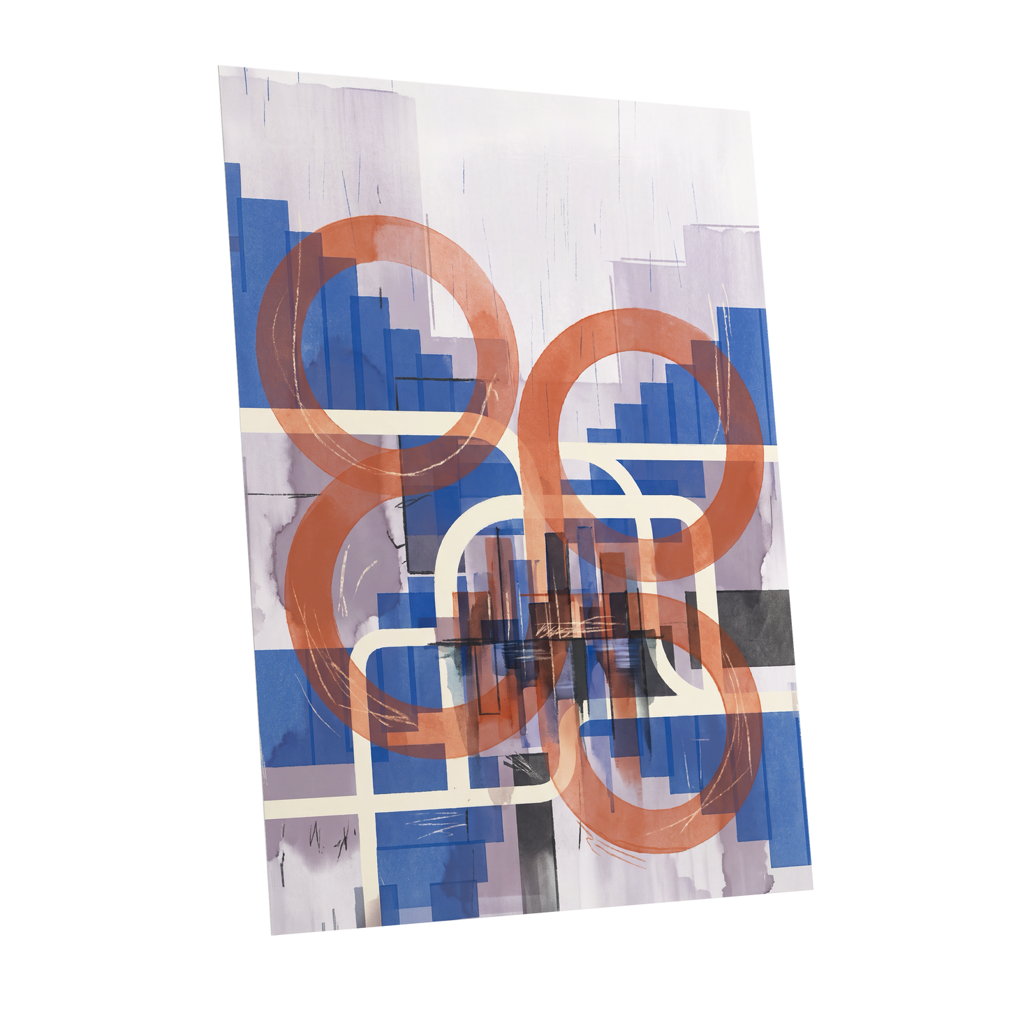 Circles in Transit, blue, orange, beige abstract wall art shown as a unframed poster wall art print