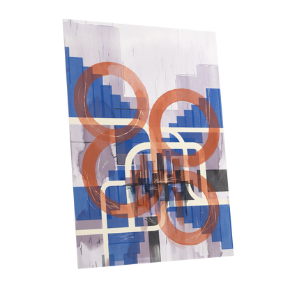 Circles in Transit, blue, orange, beige abstract wall art shown as a unframed poster wall art print