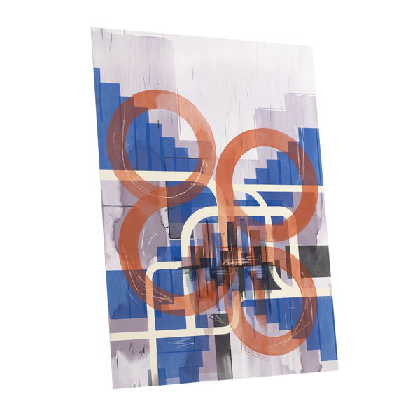 Circles in Transit, blue, orange, beige abstract wall art shown as a unframed poster wall art print
