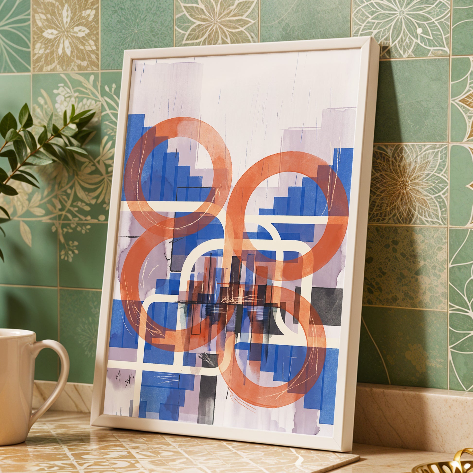 Circles in Transit, blue, orange, beige abstract wall art displayed in a styled interior, gallery view 2
