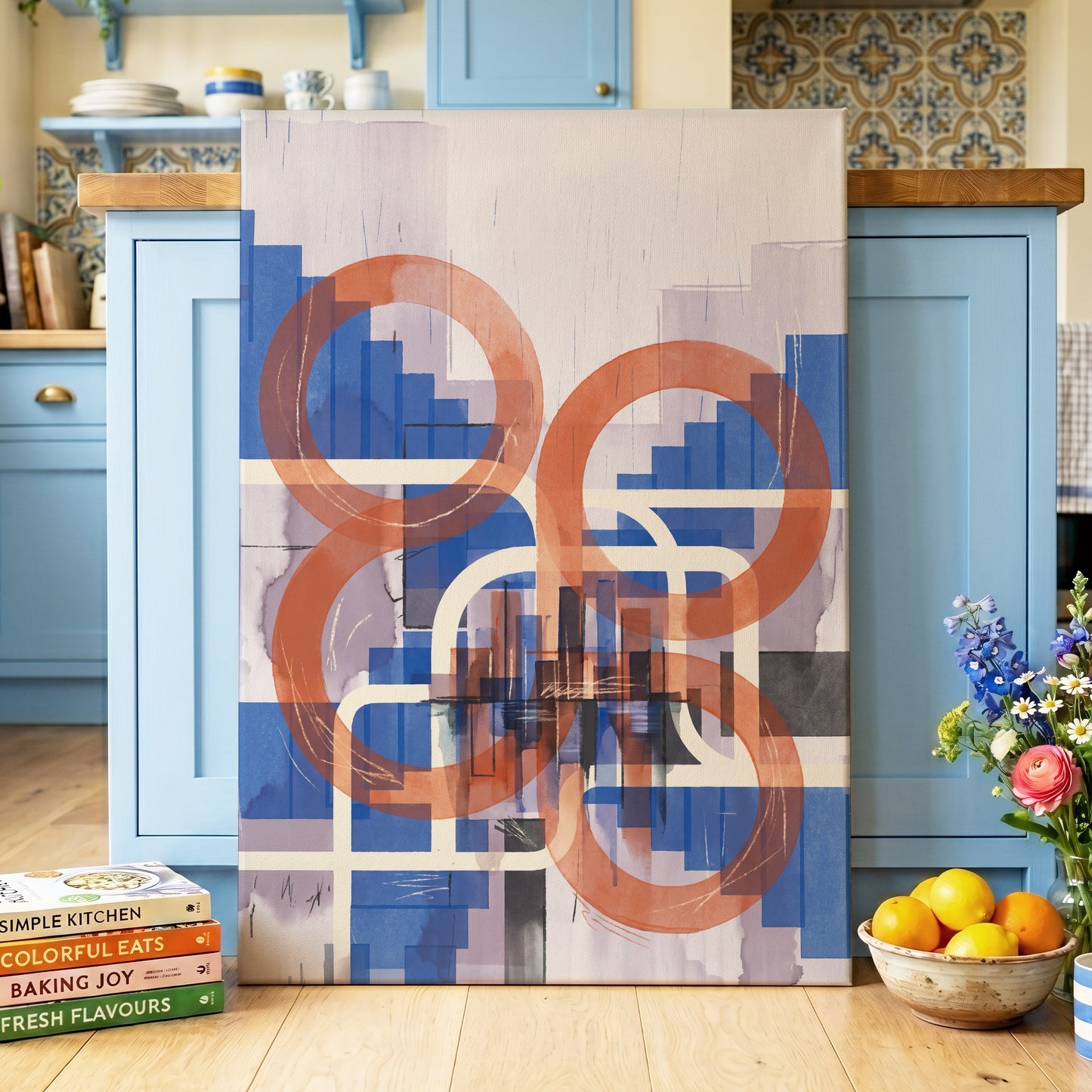 Circles in Transit, blue, orange, beige abstract wall art displayed in a styled interior, gallery view 3