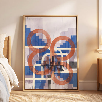 Circles in Transit, blue, orange, beige abstract wall art displayed in a styled interior, gallery view 4