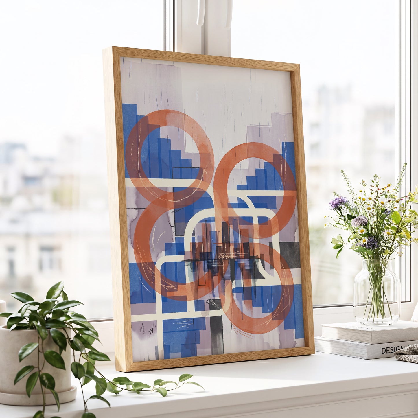 Circles in Transit, blue, orange, beige abstract wall art displayed in a styled interior, gallery view 6