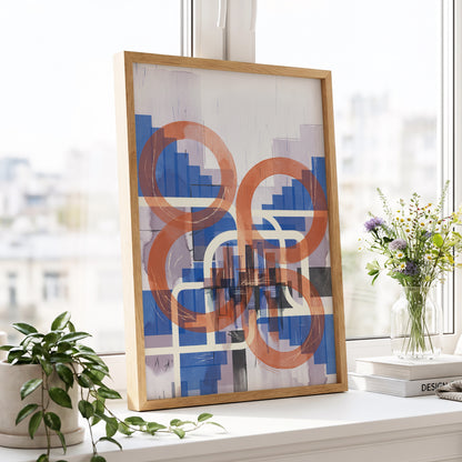 Circles in Transit, blue, orange, beige abstract wall art displayed in a styled interior, gallery view 6