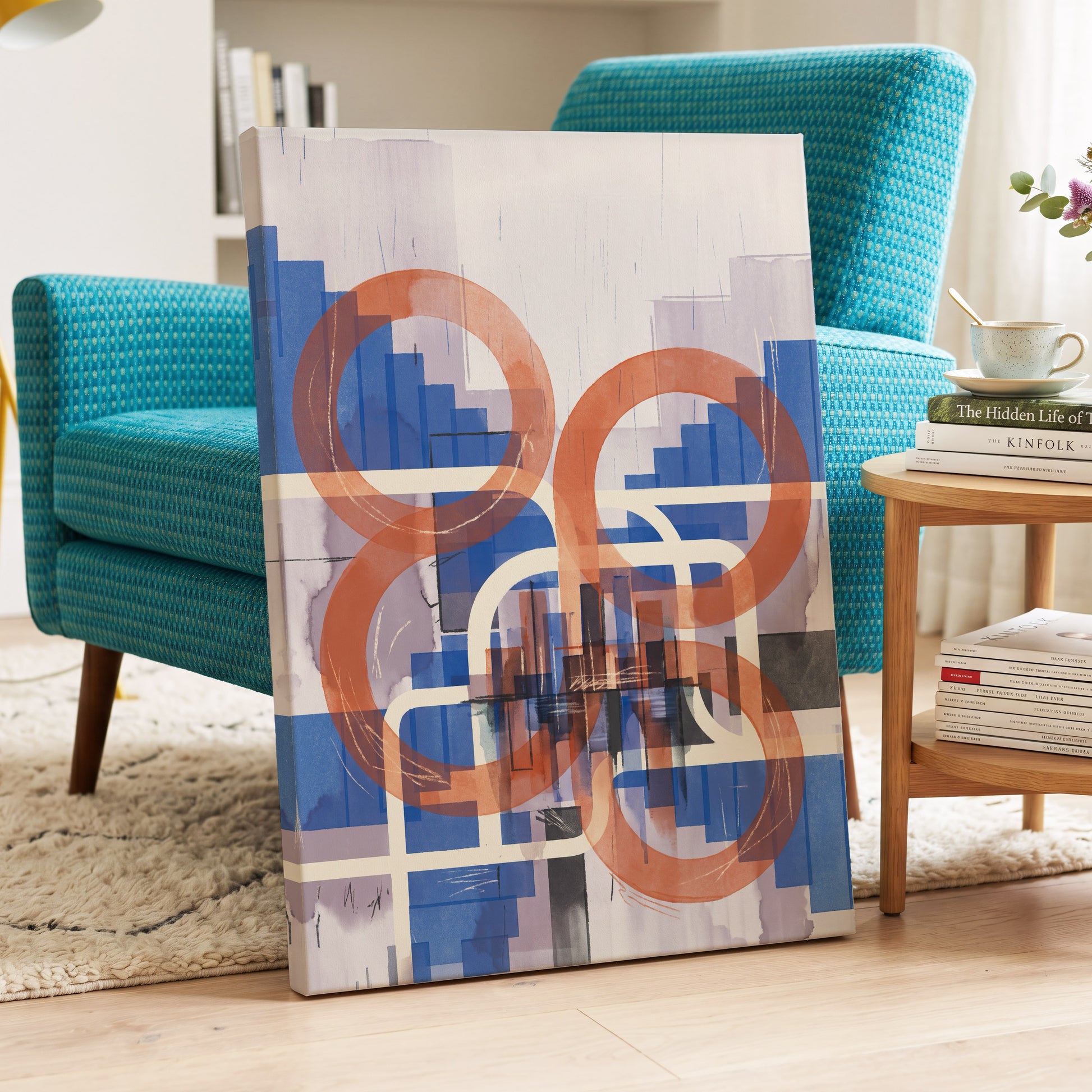 Circles in Transit, blue, orange, beige abstract wall art displayed in a styled interior, gallery view 7