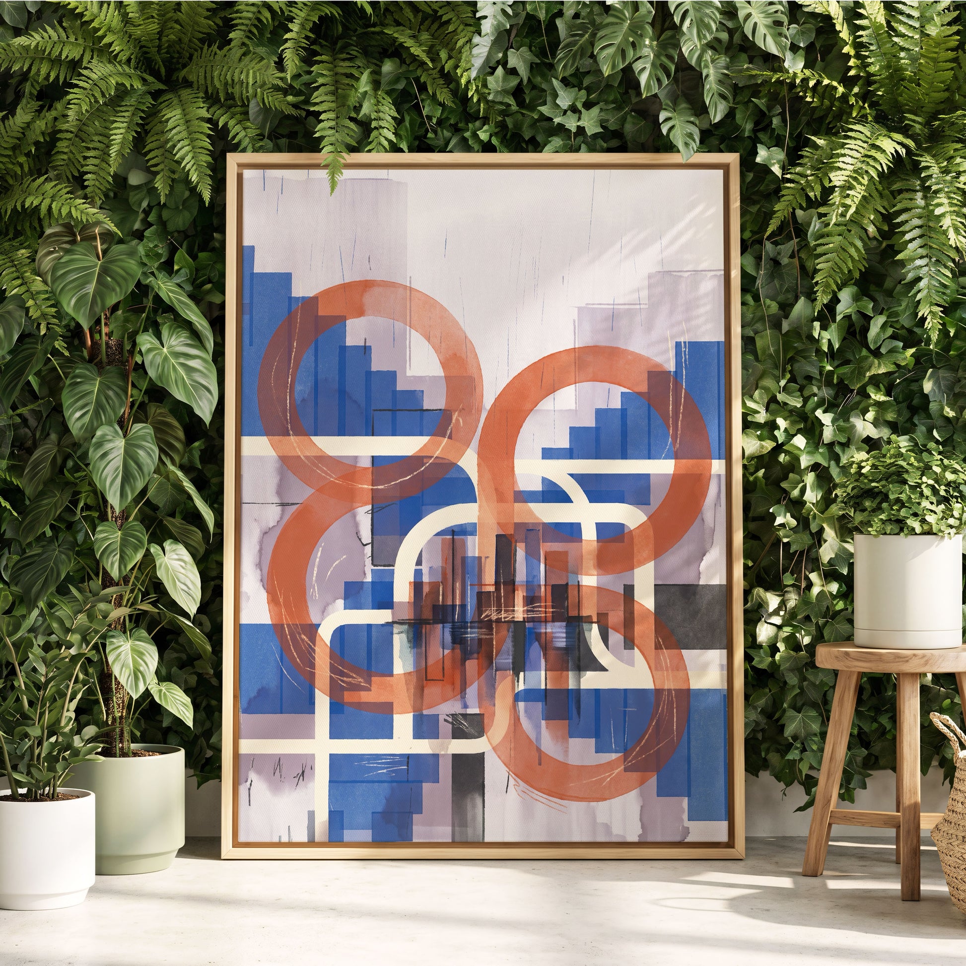 Circles in Transit, blue, orange, beige abstract wall art displayed in a styled interior, gallery view 8