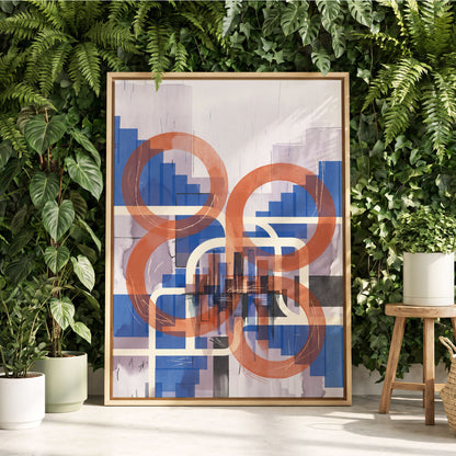 Circles in Transit, blue, orange, beige abstract wall art displayed in a styled interior, gallery view 8