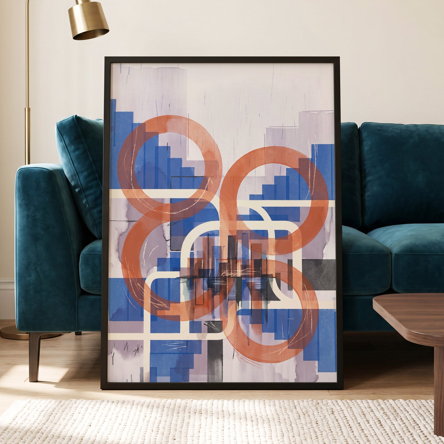 Circles in Transit, blue, orange, beige abstract wall art displayed in a styled interior, gallery view 9