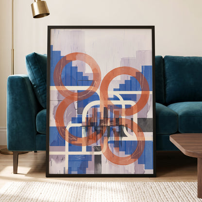 Circles in Transit, blue, orange, beige abstract wall art displayed in a styled interior, gallery view 9