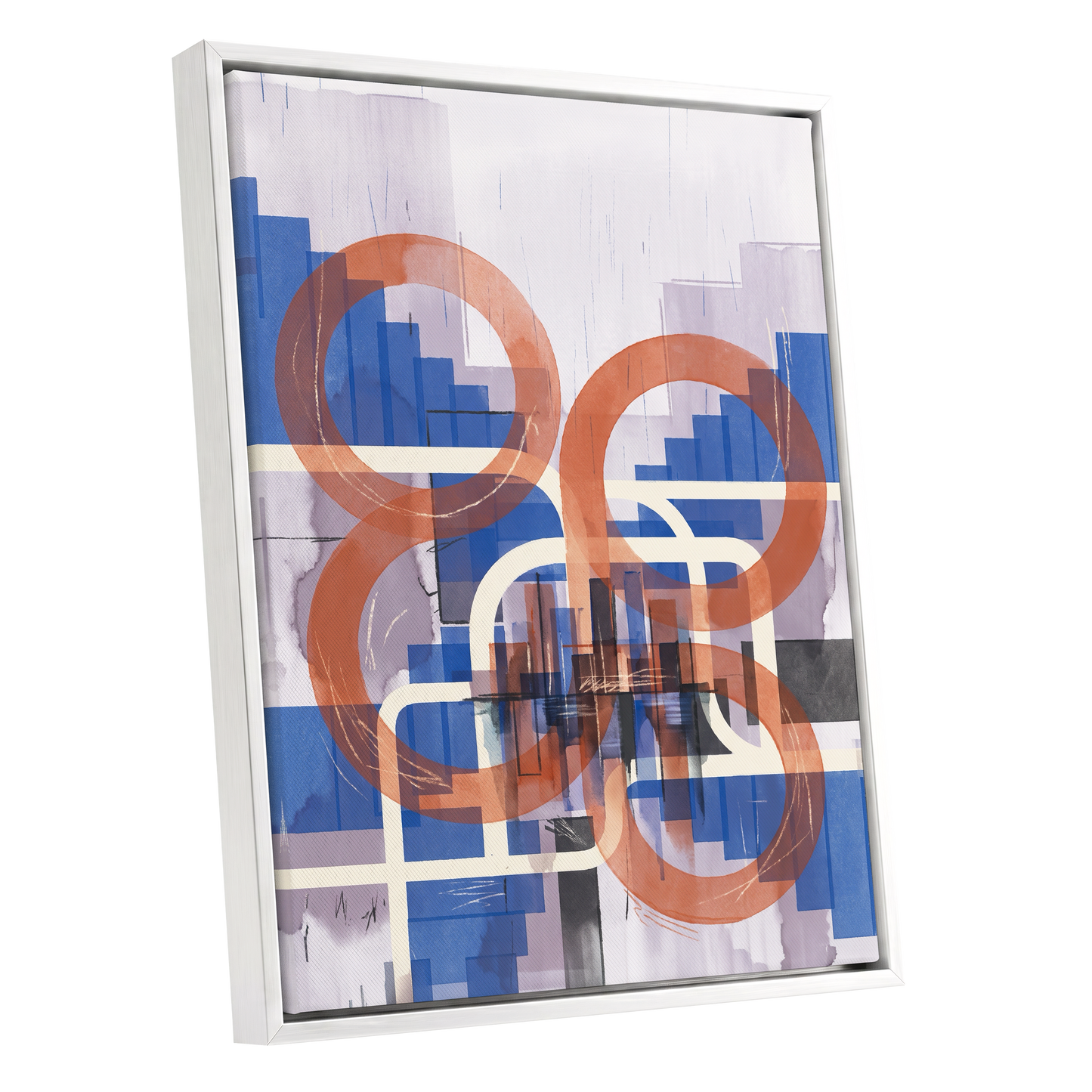 Circles in Transit, blue, orange, beige abstract wall art shown as a white framed canvas wall art