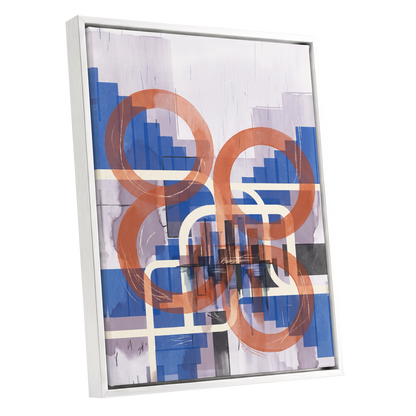 Circles in Transit, blue, orange, beige abstract wall art shown as a white framed canvas wall art