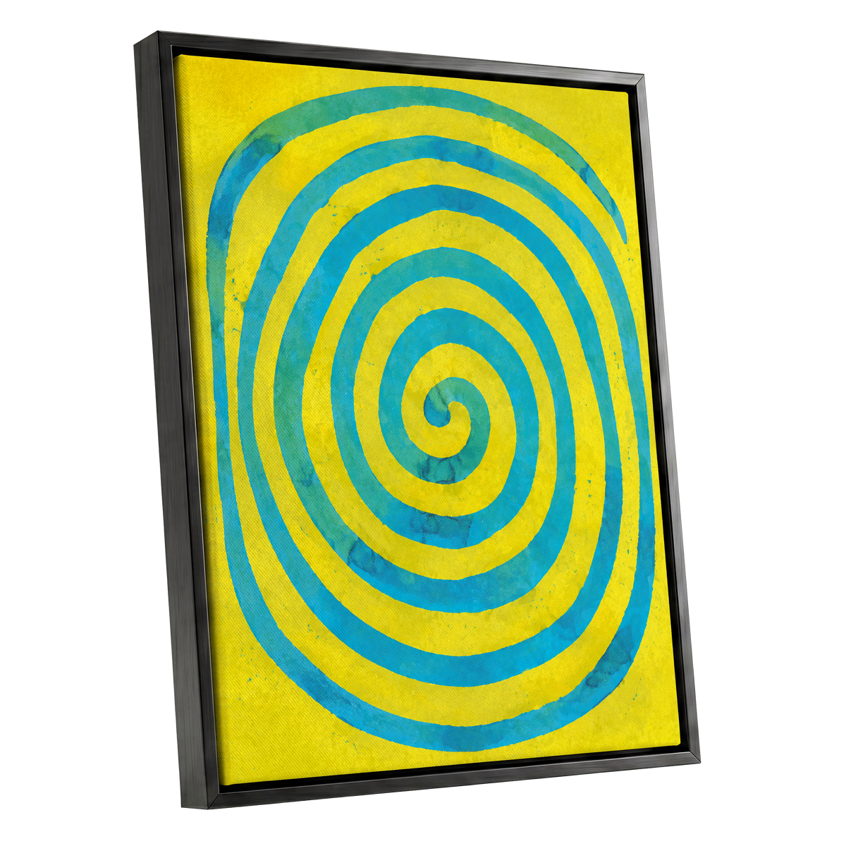Citron Spiral, yellow, blue, green abstract wall art shown as a black framed canvas wall art