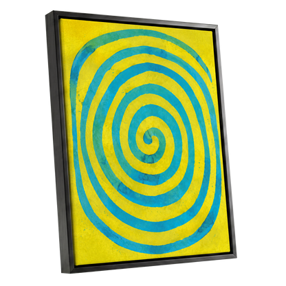 Citron Spiral, yellow, blue, green abstract wall art shown as a black framed canvas wall art