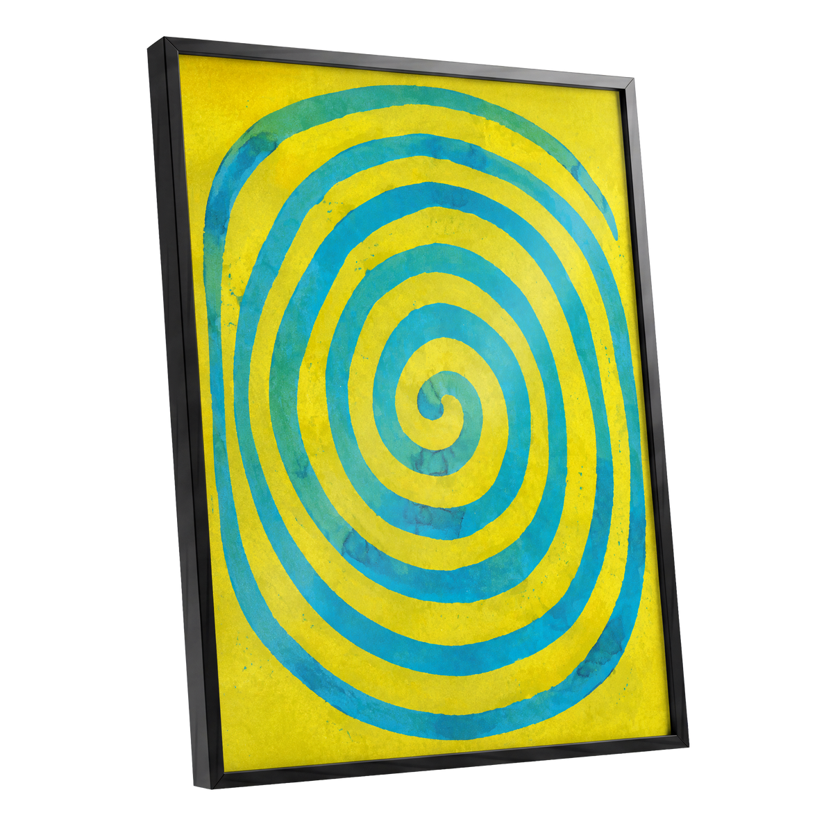 Citron Spiral, yellow, blue, green abstract wall art shown as a black framed poster wall art print