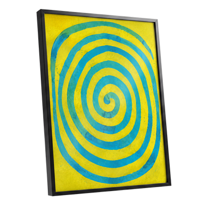 Citron Spiral, yellow, blue, green abstract wall art shown as a black framed poster wall art print