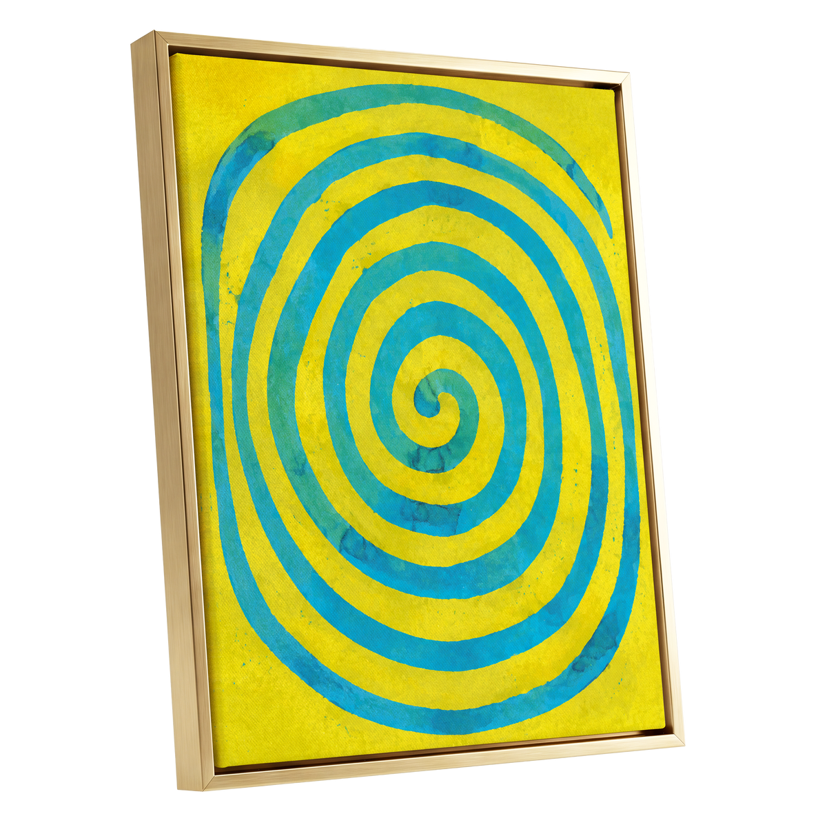 Citron Spiral, yellow, blue, green abstract wall art shown as a gold framed canvas wall art