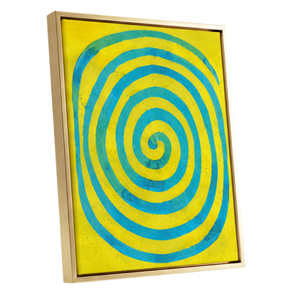 Citron Spiral, yellow, blue, green abstract wall art shown as a gold framed canvas wall art