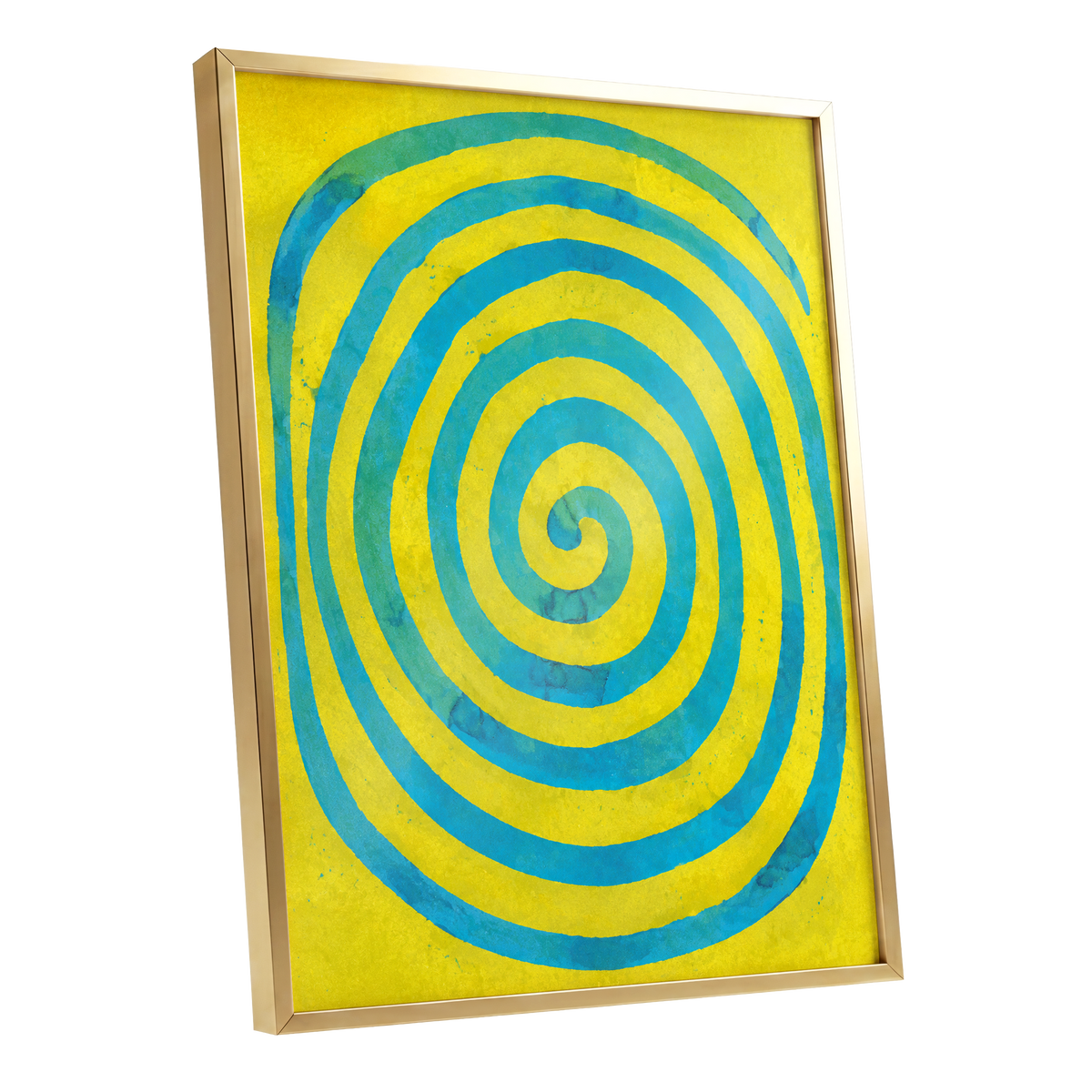 Citron Spiral, yellow, blue, green abstract wall art shown as a gold framed poster wall art print