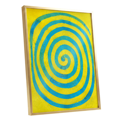 Citron Spiral, yellow, blue, green abstract wall art shown as a gold framed poster wall art print