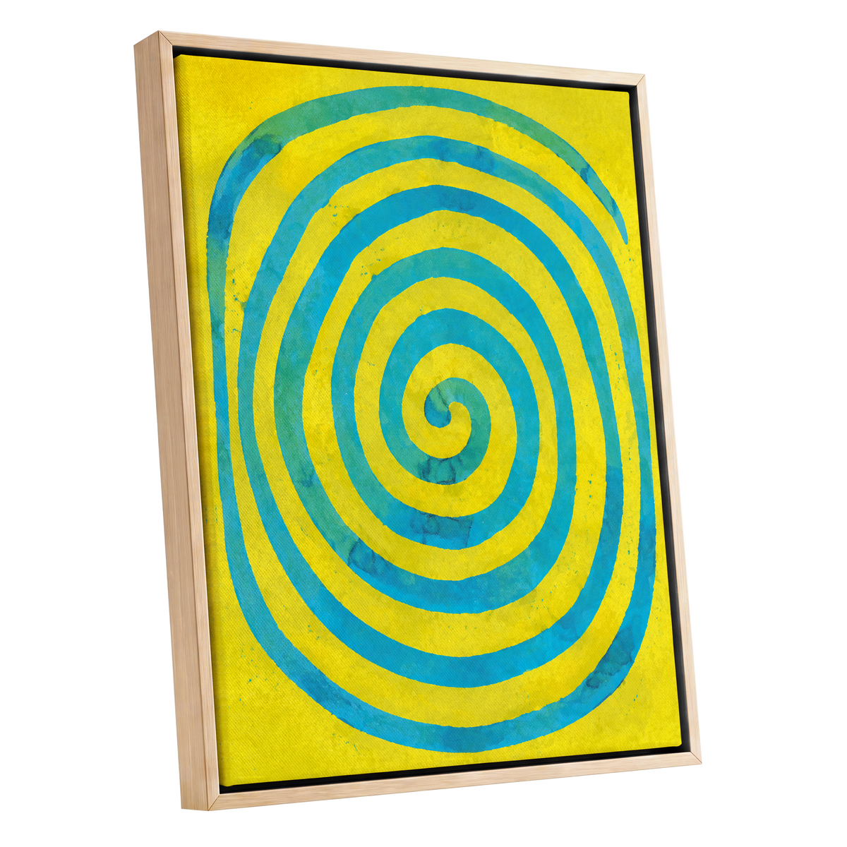 Citron Spiral, yellow, blue, green abstract wall art shown as a oak framed canvas wall art