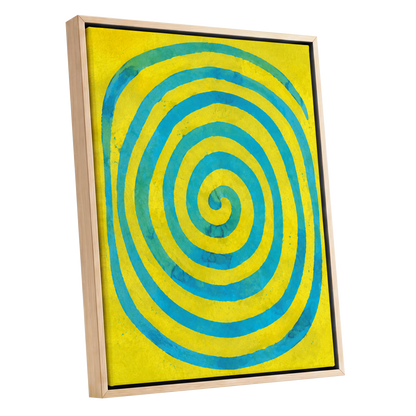 Citron Spiral, yellow, blue, green abstract wall art shown as a oak framed canvas wall art