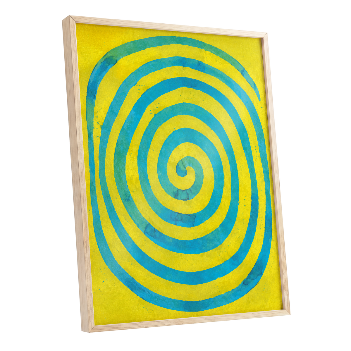 Citron Spiral, yellow, blue, green abstract wall art shown as a oak framed poster wall art print
