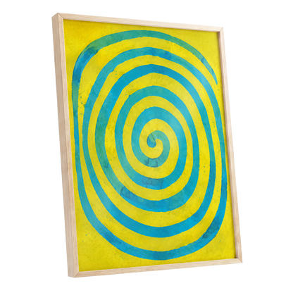 Citron Spiral, yellow, blue, green abstract wall art shown as a oak framed poster wall art print