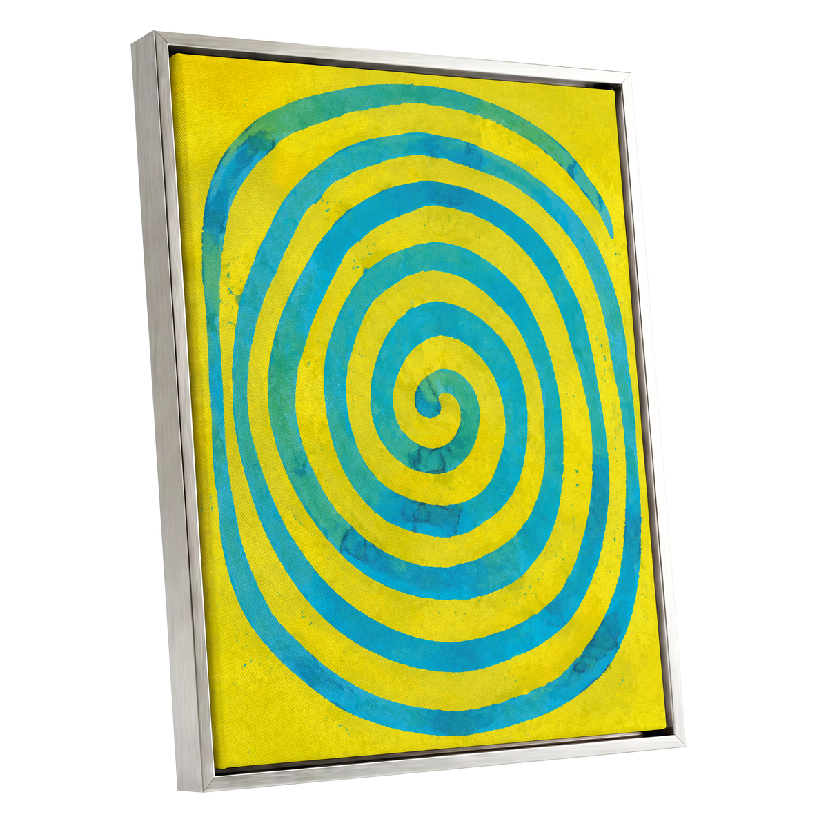 Citron Spiral, yellow, blue, green abstract wall art shown as a silver framed canvas wall art