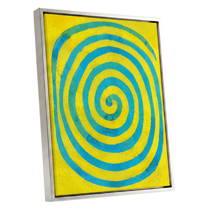 Citron Spiral, yellow, blue, green abstract wall art shown as a silver framed canvas wall art