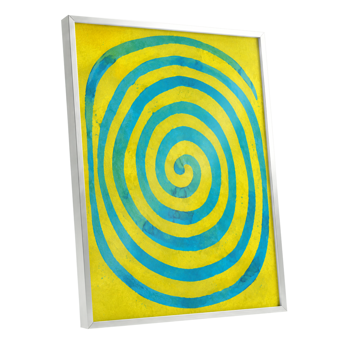 Citron Spiral, yellow, blue, green abstract wall art shown as a silver framed poster wall art print