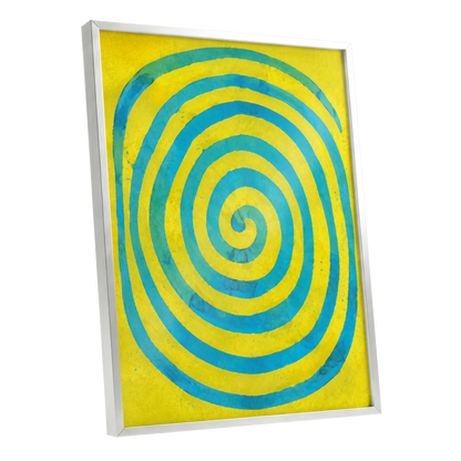 Citron Spiral, yellow, blue, green abstract wall art shown as a silver framed poster wall art print