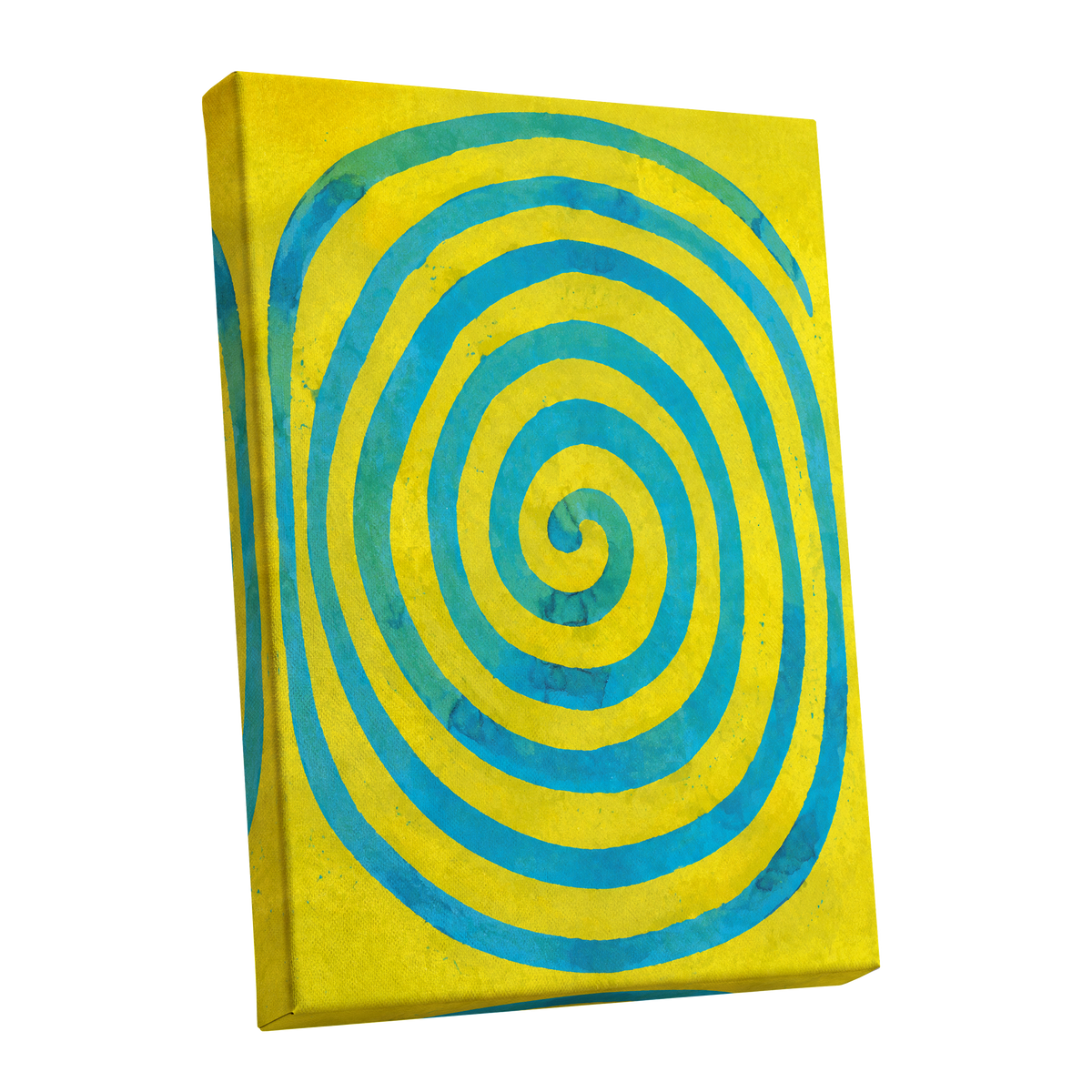 Citron Spiral, yellow, blue, green abstract wall art shown as a stretched canvas wall art