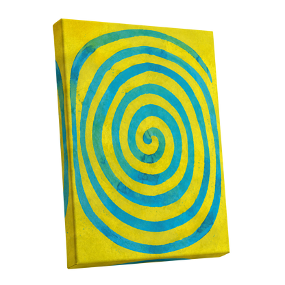 Citron Spiral, yellow, blue, green abstract wall art shown as a stretched canvas wall art
