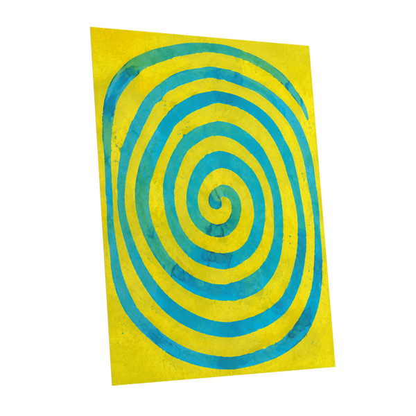 Citron Spiral, yellow, blue, green abstract wall art shown as a unframed poster wall art print