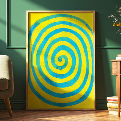 Citron Spiral, yellow, blue, green abstract wall art displayed in a styled interior, gallery view 2
